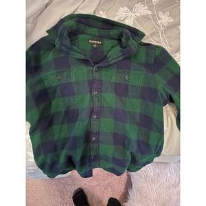 Express Button Up Shirt Men's Size Large Green/Navy Plaid Long Sleeve Collared